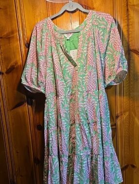 Pineapple Print Tiered Dress - Green & Pink